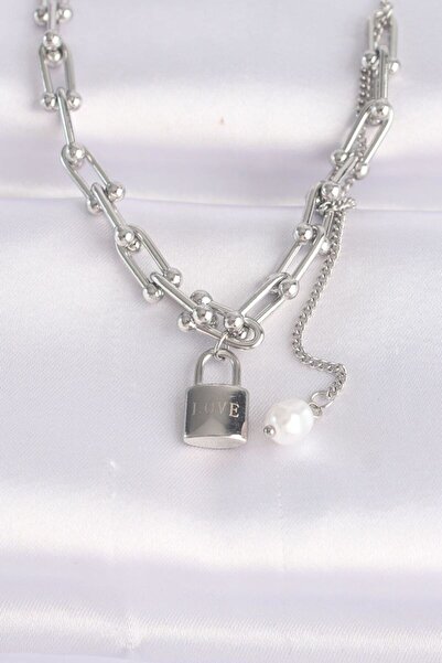 norsary 316L Steel Chain Silver Color Chain Love Written Lock Necklace