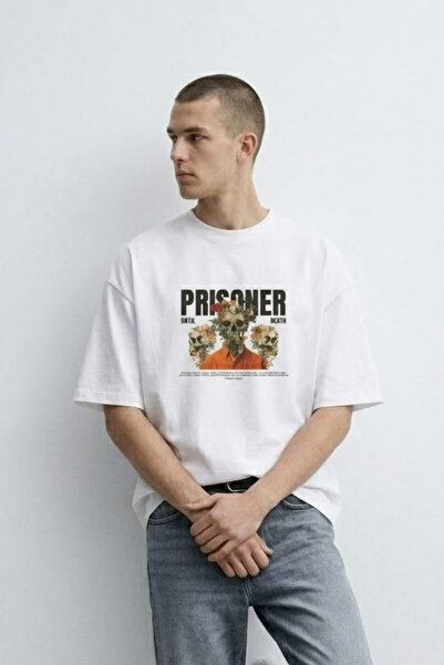 MATERIAL Ανδρικό μπλουζάκι PRISONER με στάμπα, καλοκαιρινό, oversize, λευκό