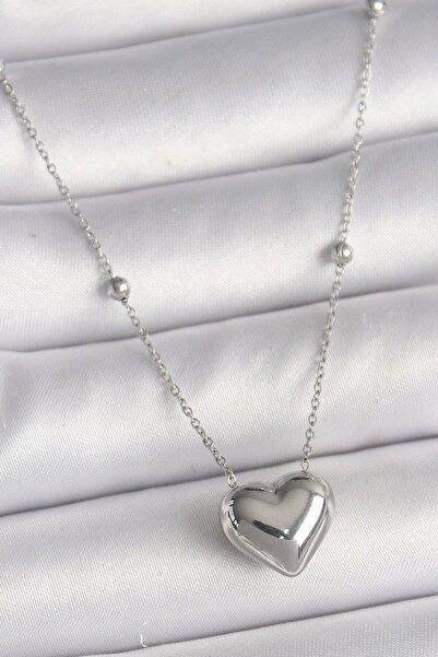 norsary 316L Steel Silver Color Ball Detail Chain Heart Model Women's Necklace