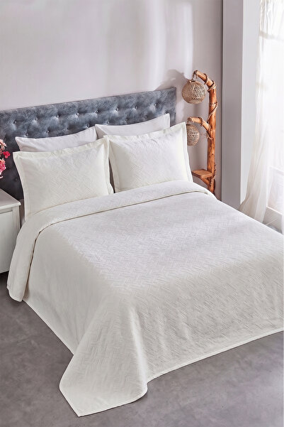 EvienHome Πολυτελές Σετ Κάλυμμα Κρεβατιού Ζακάρ Πικέ Μαλακό Κρεμ 3 Τεμαχίων