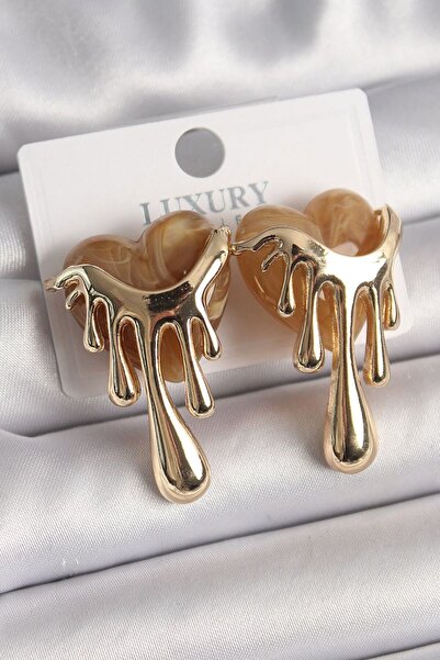 norsary Brass Gold Color Cream Pearlescent Flowing Heart Model Women's Earrings