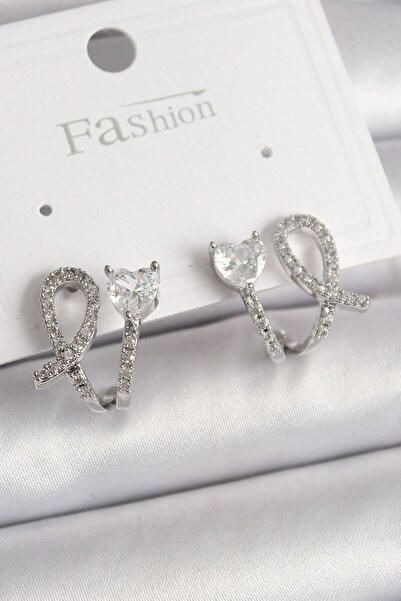 norsary Brass Silver Color Knot Model Zircon Stone Heart Detail Women's Earrings
