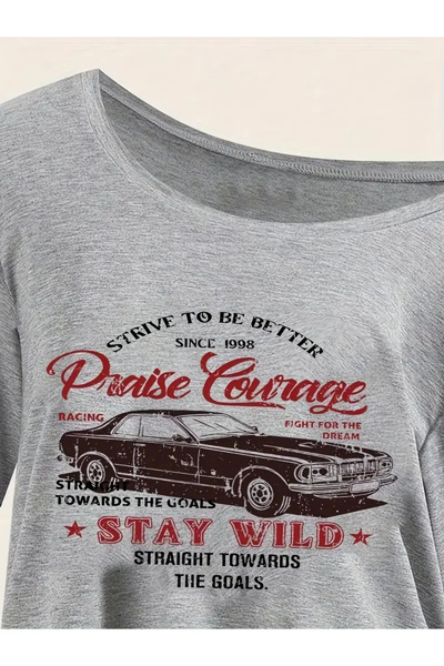 NoVibe Γυναικείο μπλουζάκι με λαιμόκοψη Kayık Stay Wild με στάμπα Oversize απ...