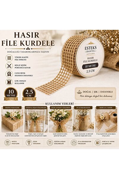 Esteks Dantel ve Tekstil Aksesuarları File Hasır Kurdele 2,5 Cm 10 Metre, Boh...