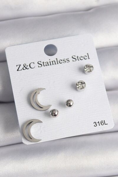 norsary 316L Steel Silver Color Zircon Stone Crescent Model Women's Earring Set