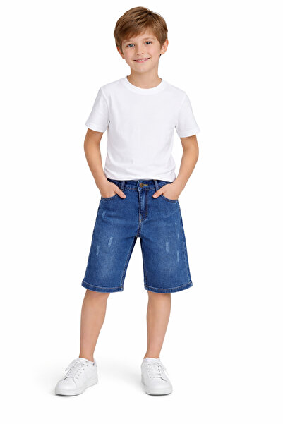 İrem Çocuk Giyim Boy's Vintage Patterned Lycra Blue Denim Shorts with Elastic...