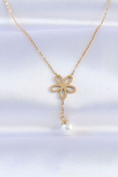 norsary 316L Steel Chain Gold Color Pearl Detail Flower Necklace