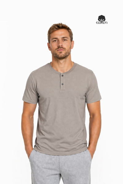 Cottonland Erkek HENLEY Normal Kesim Düğmeli Patlı Penye Pamuk T-Shirt TAŞ