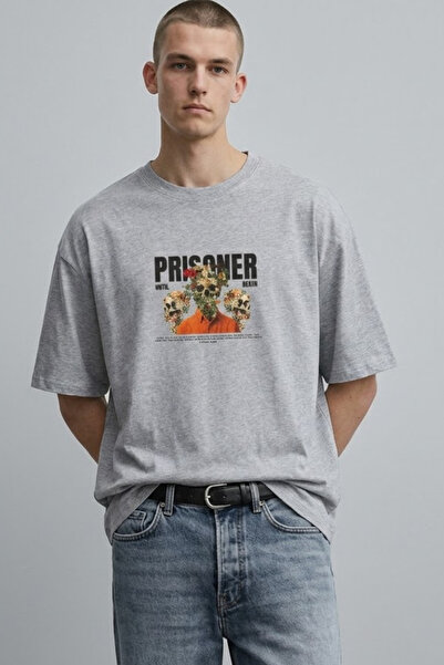 MATERIAL Ανδρικό μπλουζάκι PRISONER με στάμπα, καλοκαιρινό, oversized, σε γκρ...