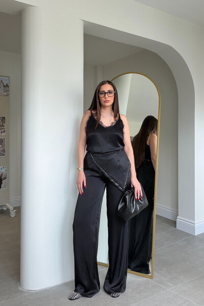 MAGARDE Παντελόνι από σατέν με λεπτομέρεια φουλαριού και ελαστική μέση - ΜΑΥΡΟ