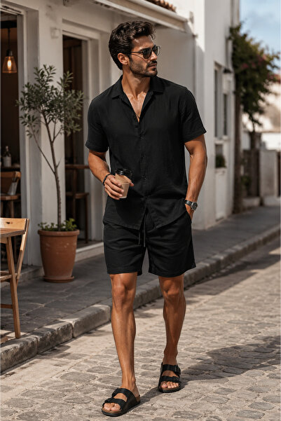 mavisima erkek giyimi Ανδρικό Μαύρο Καλοκαιρινό Σετ Πουκάμισο και Σορτς από Λ...