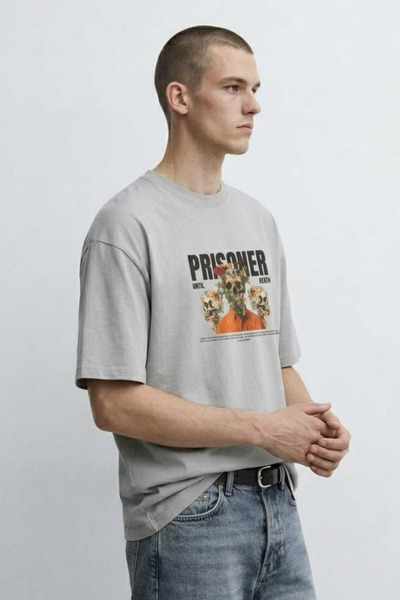 MATERIAL Ανδρικό μπλουζάκι PRISONER με στάμπα, καλοκαιρινό, oversized, σε γκρ...