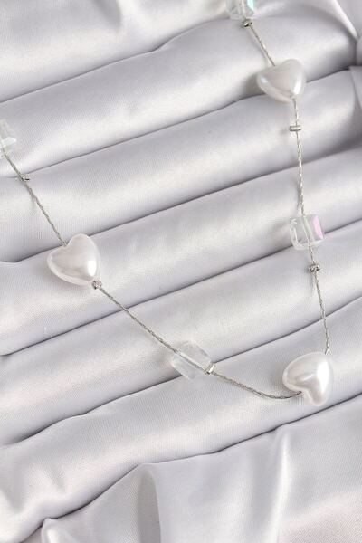 norsary Brass Silver Color White Pearl Heart Model Women's Necklace