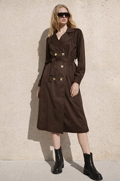 hacker Women's Casual Classic Long Brown Trench Coat with Pockets