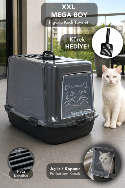 Meleni Home XXL Mega Boy Kedi Tuvaleti - Kapalı Koku Filtreli Evcil Hayvan Tu...