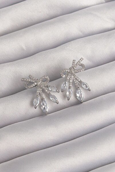 norsary Brass Silver Color Zircon Stone Bow Earrings