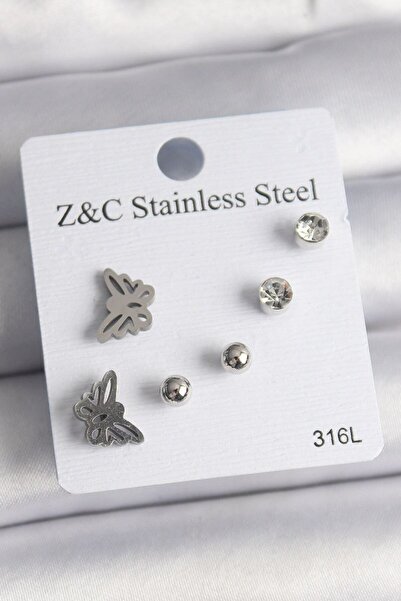 norsary 316L Steel Silver Color Zircon Stone Butterfly Model Women's Earring Set