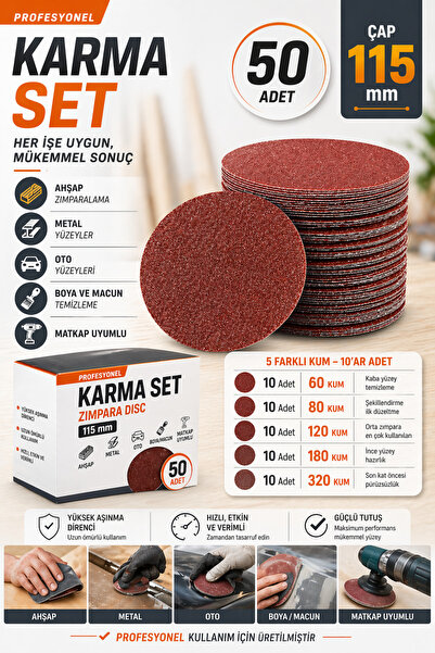 Badem10 Cırtlı Zımpara Seti Karma (50 Adet) 115 mm Kum Spiral Avuç Taşlama ve...