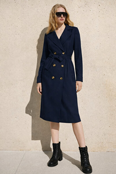 hacker Women's Casual Classic Long Navy Blue Trench Coat with Pockets