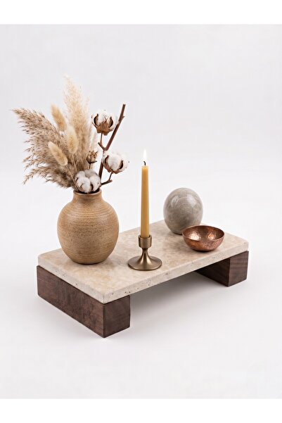FARALYAHOME Doğal Traverten Mermer 24x12 cm Ceviz Ahşap Ayaklı Çok Amaçlı Sunumluk, Yağlık Altlığı, Takı Organizeri