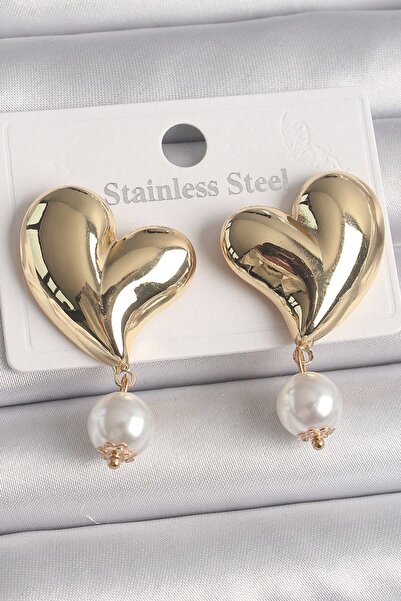 norsary Brass Gold Color Heart Model Dangle Pearl Detail Women's Earrings