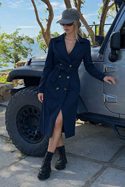 hacker Women's Daily Premium Comfort Basic Long Navy Blue Trench Coat