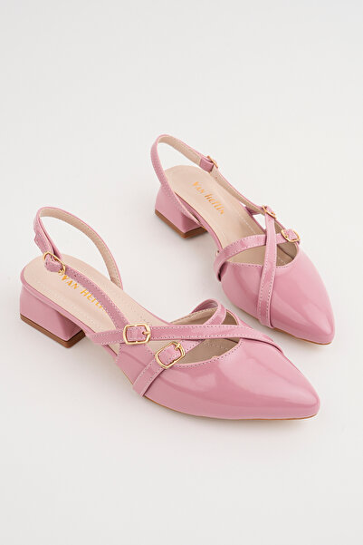 perry shoes Kayra Women's Pink Patent Leather Cross-Strapped Buckle Slingback 4 cm Thick Heeled Pointed Toe Shoes