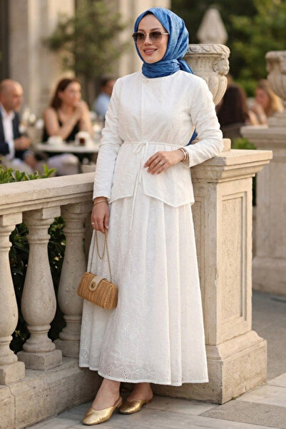 N.S NEVA STYLE Λευκή Φούστα με Δαντέλα και Τεσσάρτο Σετ Τεσεττούρ 41753B