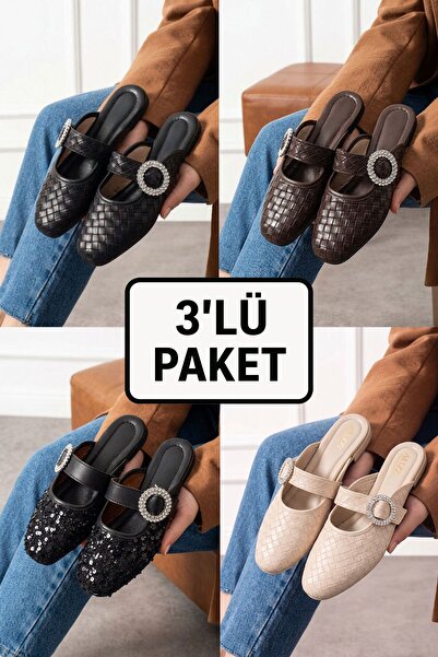 AlbiShoes 3'LÜ Karma Paket Kapalı Taş Toka Detaylı Şık Terlik Hediyelik Günlü...