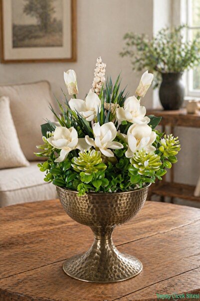Yapay Çiçek Sitesi Artificial White Magnolia and Succulent Arrangement in a M...