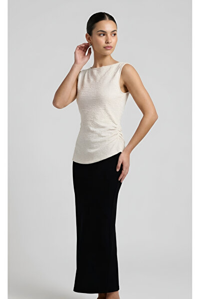 BLOUSE Tek Tarafı Büzgü Bej Kolsuz Bluz