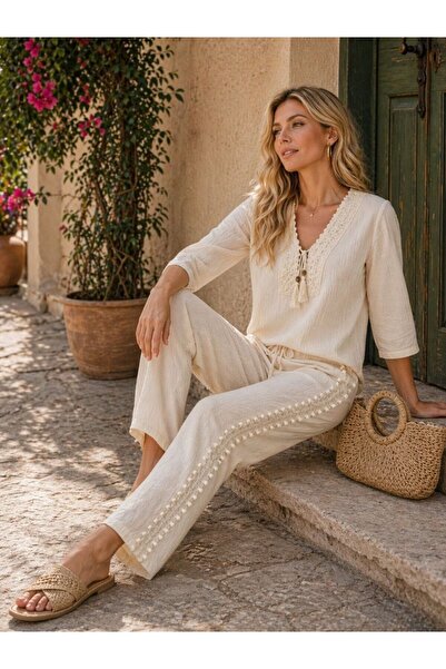 LOKADI Γυναικείο Σετ από Μπεζ Βαμβακερό Λινό - Μπλούζα με Διπλό Κουμπωτό Γιακ...