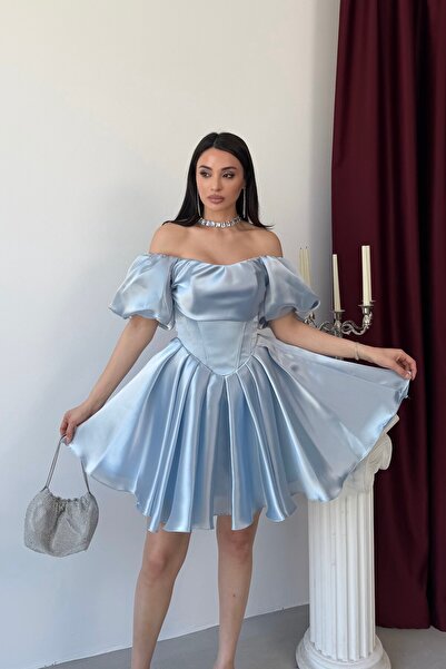 Serica Moda Μπλε μπαλόνι φόρεμα με μανίκια και λεπτομέρεια κορσέ, κοντό φόρεμ...