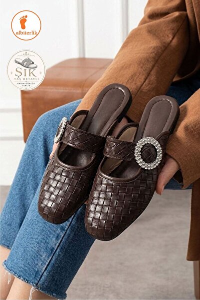 AlbiShoes Payetli Tokalı Şık Günlük Model Kadın Terlik Rahat Taban Toka Taş D...