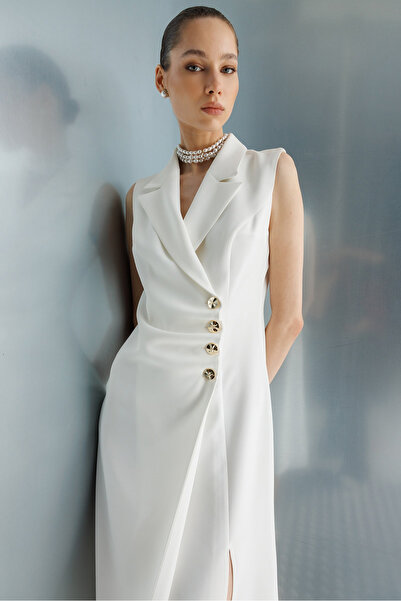 Moda İlgi Γυναικείο Αμάνικο Μίντι Φόρεμα με Διπλό Κουμπί και Λεπτομέρειες 002...