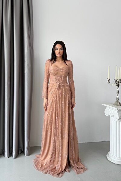 Serica Moda Βραδινό φόρεμα με λεπτομέρεια κορσέ και λαιμόκοψη σε σχήμα καμήλα...