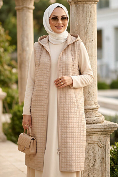 N.S NEVA STYLE Μπεζ γιλέκο χιτζάμπ με κουκούλα 30415BEJ