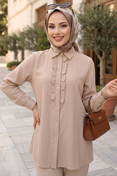 N.S NEVA STYLE قميص بيج بتفاصيل كشكشة 10931BEJ