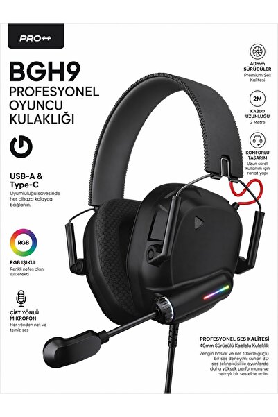 VOOKA RGB Işıklı Gaming Kulaklık Mikrofonlu 40mm Sürücü Kablolu Oyuncu Kulaklığı