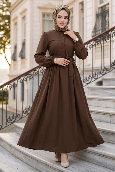 hafsamina Φόρεμα Τερικότον με ζώνη στη μέση, Καφέ HM2908