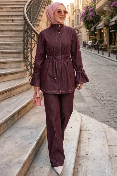 N.S NEVA STYLE Σετ δύο τεμαχίων τζιν με φερμουάρ, μπορντό χρώμα, με επένδυση ...