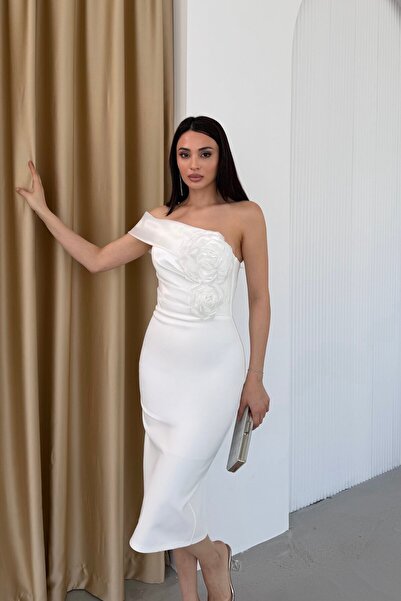 Serica Moda Λευκό Ασιμερικό Φόρεμα με Γιακά και Λεπτομέρεια Λουλουδιών, Μίντι...