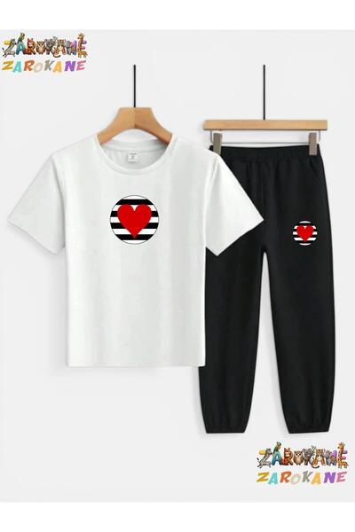 ZAROKANE Heart Printed on Round Neck Bottom-Up Bottom Sweatpants/T-Shirt Chil...