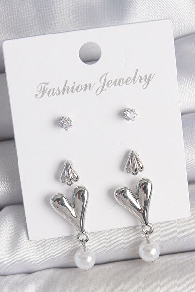 norsary Brass Silver Color Zircon Stone Hanging Heart Model 3 Pair Women's Ea...