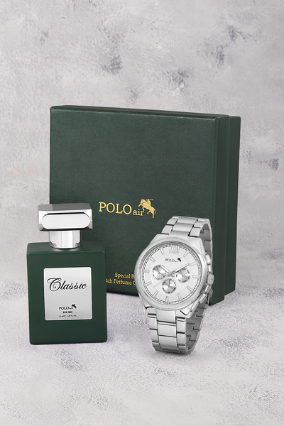 Poloair Klasik Erkek Kol Saati Ve 55 ml Parfüm Seti Gümüş Yeşil Renk ST-5020E3