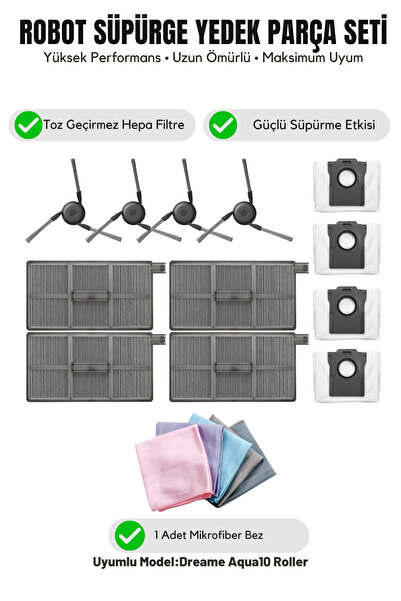 Asgard Grup Συμβατό με Dreame Aqua10 Roller 4 πλαϊνές βούρτσες 4 φίλτρα 4 σακ...