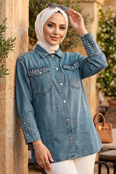 N.S NEVA STYLE Beaded Detailed Blue Hijab Denim Tunic 41752m