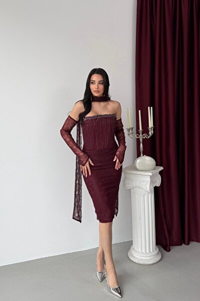 Serica Moda Βραδινό φόρεμα μίντι από δαντέλα με κεντημένη πέτρα σε μπορντό χρ...