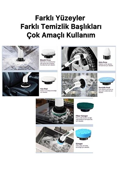 KRAFT HART Şarjlı Temizlik Fırçası 11 Başlıklı Mutfak Banyo Araç Oto Temizleme Fırçası