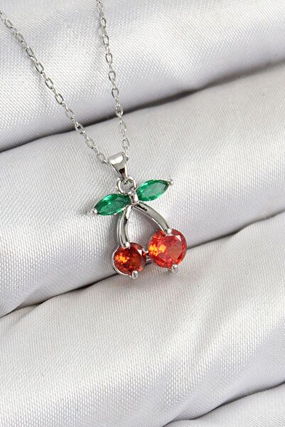 norsary Brass Zircon Stone Cherry Model Silver Color Women's Necklace
